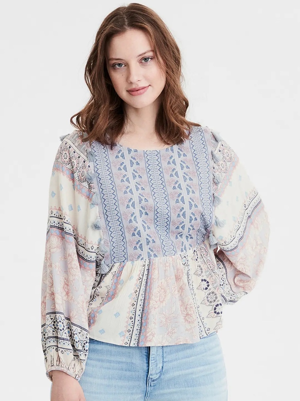 BNWT XL American Eagle Boho Patchwork Peasant Top - Blue, Cream & Blush